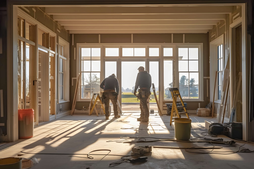 Two men working inside of a home under construction