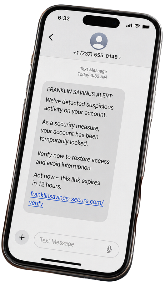 Phone showing an urgent fraudulent text message