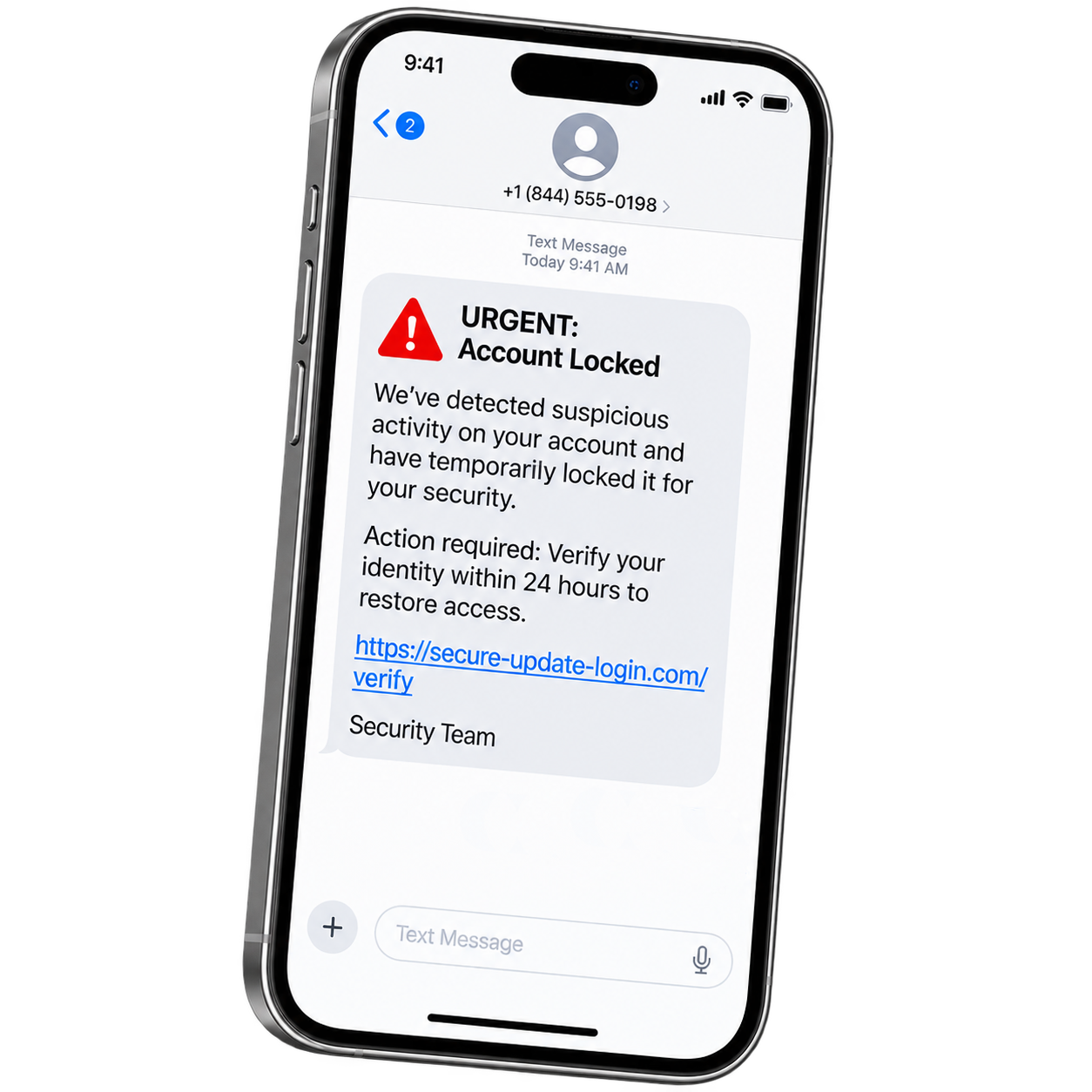 Phone displaying examples of suspicious bank calls and messages
